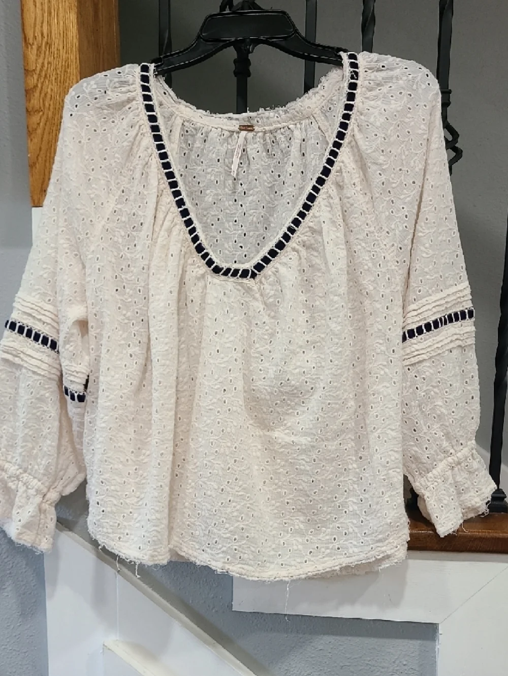 Free People Cream Eyelet Peasant Top with Navy Trim
